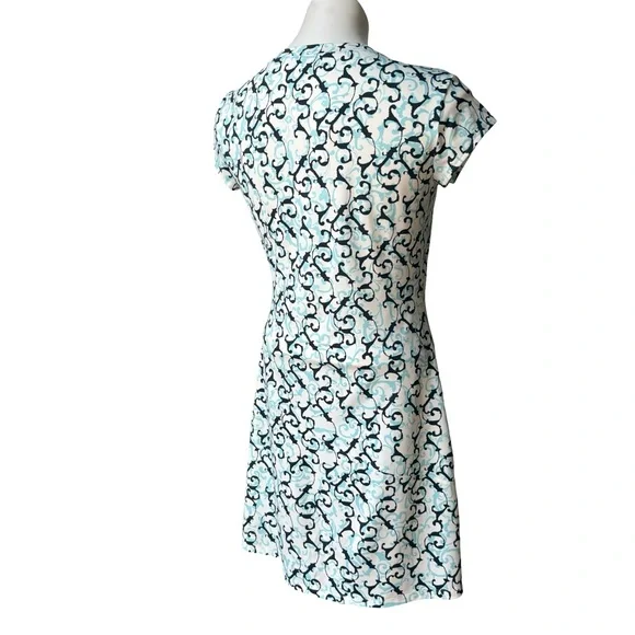 Athleta Nectar Blue White Scroll Vine Faux-Wrap Dress, Sz XS - Picture 7 of 12